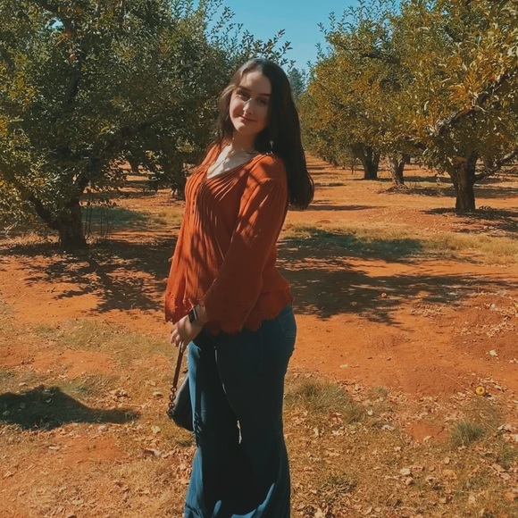 thrifted brunt orange blouse, a little wrinkly but a beautiful lacy shirt - Picture 2 of 4